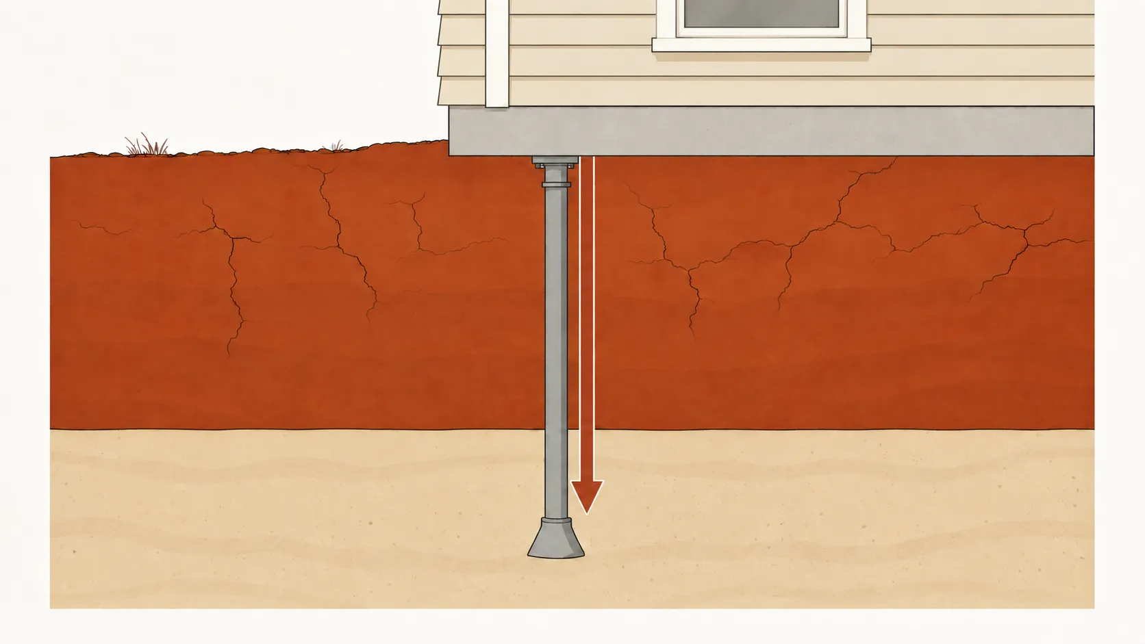 Cross-section illustration: a repair pier under the house passes down through the rust-colored clay that shrinks and swells with the seasons and seats in the pale stable soil below; an arrow shows the house's weight carried down the pier to firm ground.
