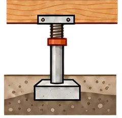 Cross-section of an adjustable steel post on a footing supporting a wood floor beam in a crawl space.