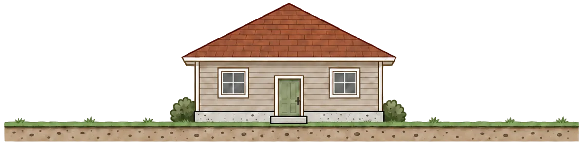 A single-story house sitting on its foundation at ground level, shown in cross-section above the repair methods that go underneath it.
