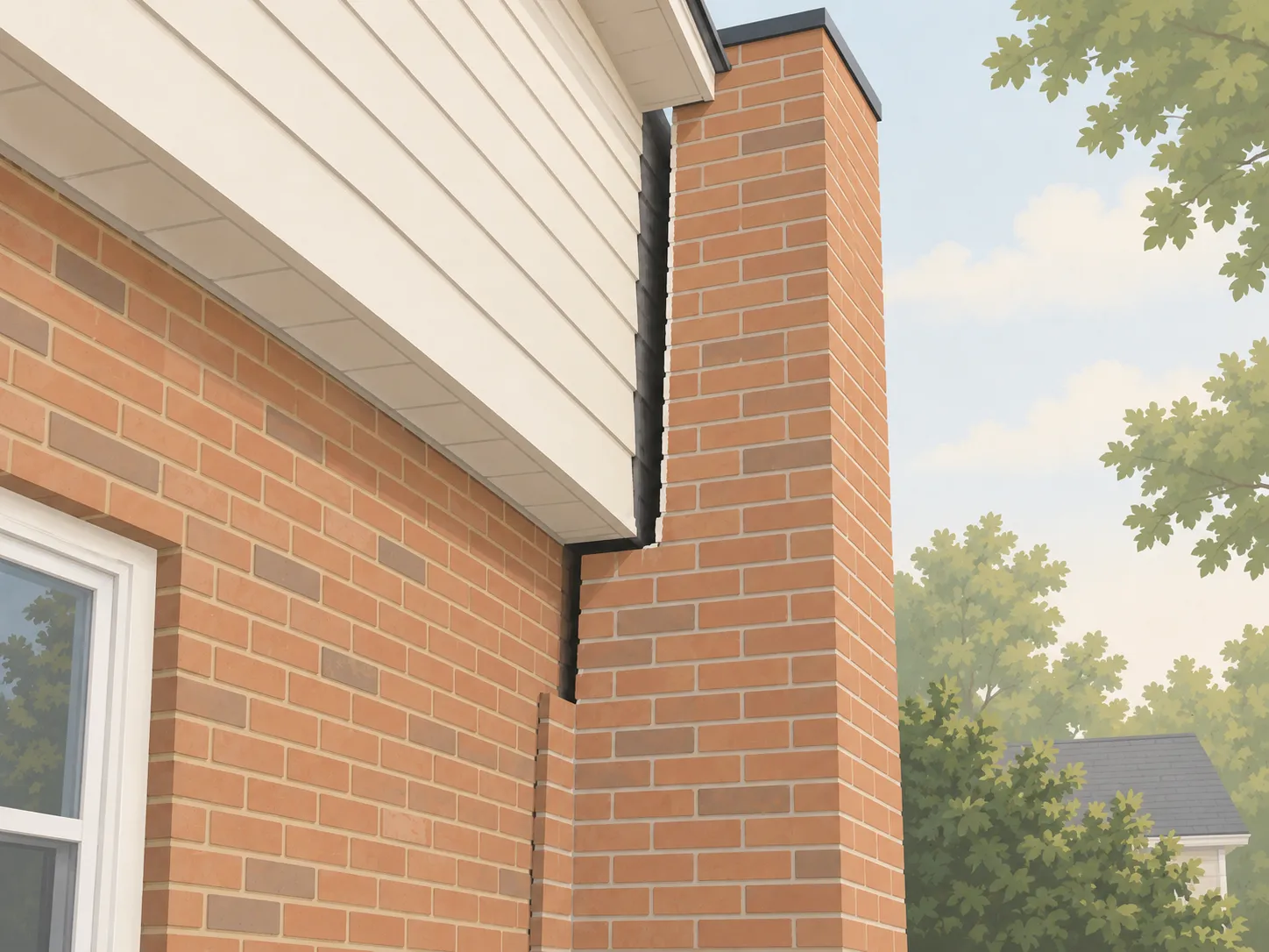 Illustration of an exterior brick chimney separating from a house, with a vertical gap opening between the chimney and the wall.