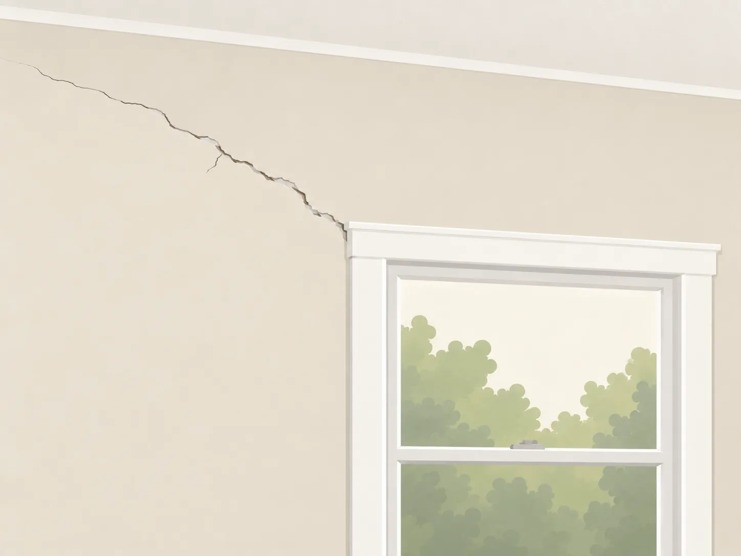Illustration of an interior wall with a crack running from the corner of a window up to the ceiling, where the wall is separating from the ceiling.