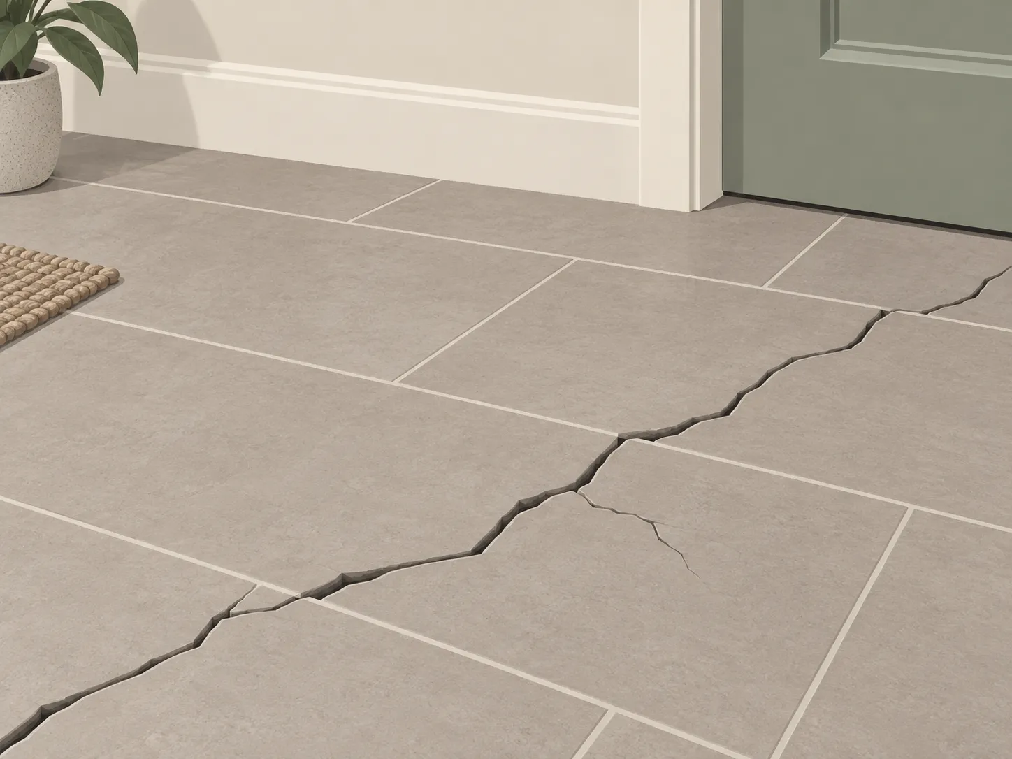 Illustration of a tiled floor with a crack running in a line through several tiles and the grout between them.
