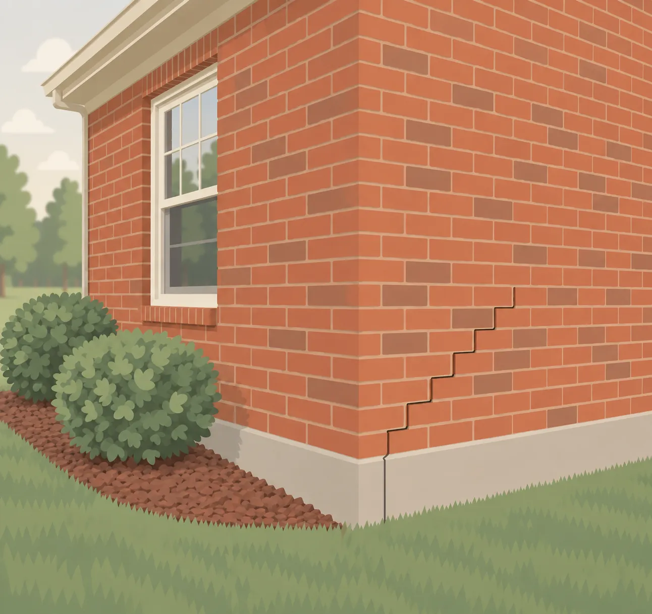 Illustration of a stair-step crack running along the mortar joints of a brick house corner and continuing as a hairline down through the concrete foundation.