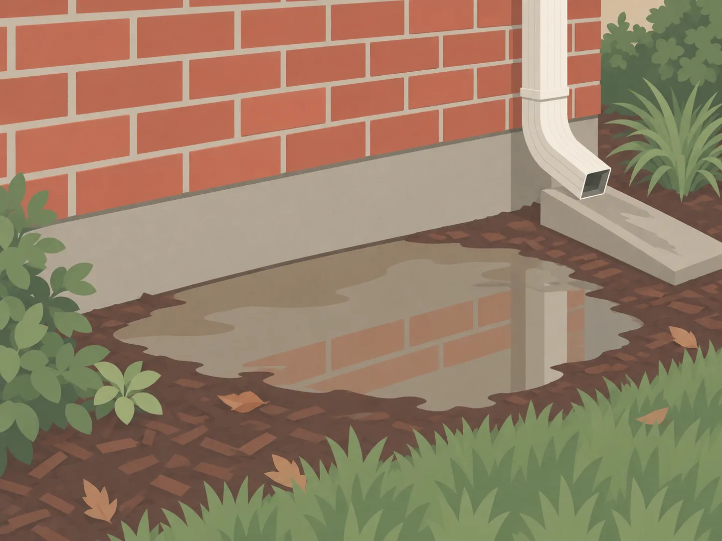 Illustration of rainwater pooled against a brick house foundation, with a downspout ending at a splash block.