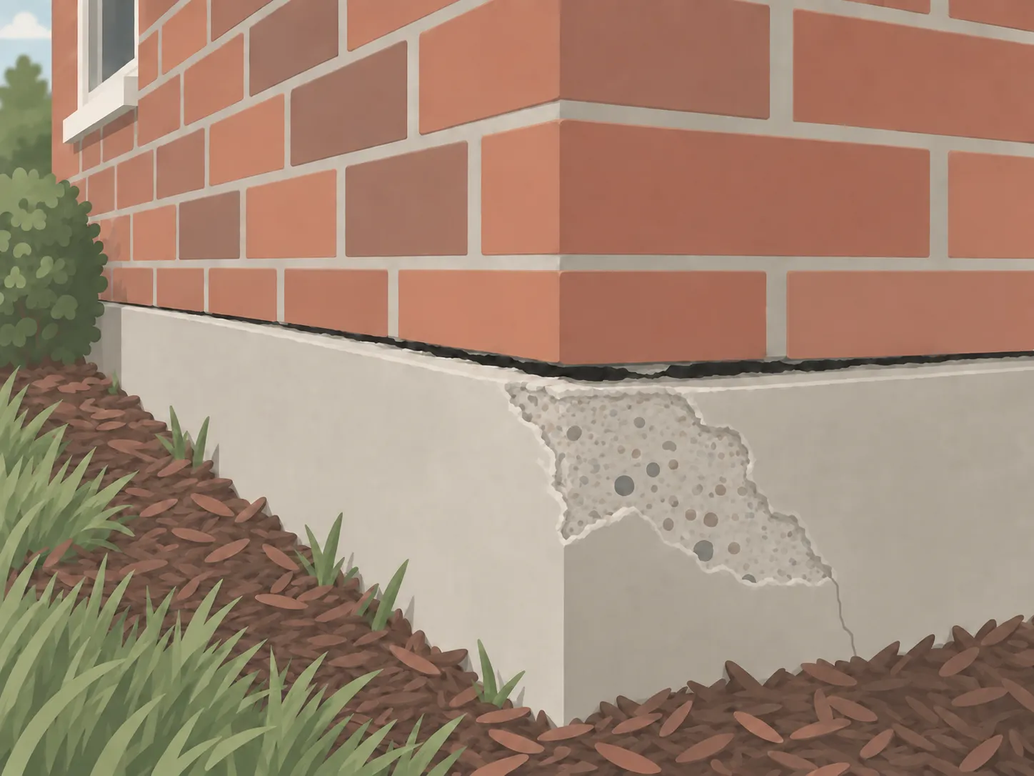 Illustration of a concrete slab foundation edge with the surface spalled away to expose the aggregate, a gap opening where the slab meets the brick above.