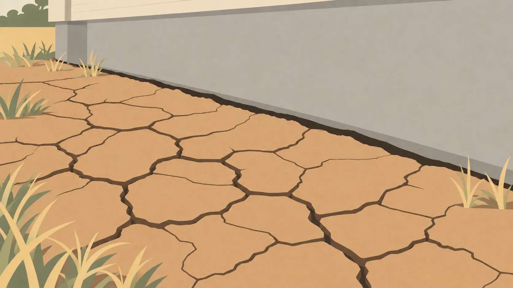 Illustration of dry, cracked clay soil beside a house foundation, the shrunken clay pulling away from the concrete edge.