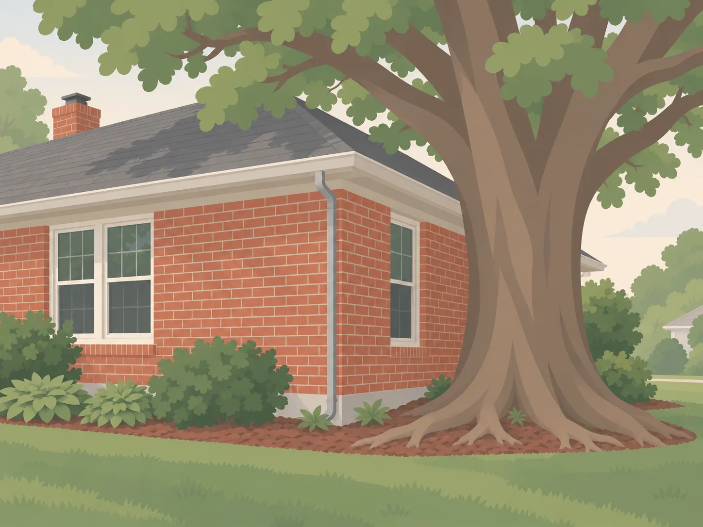 Illustration of a large mature tree growing close to a brick house corner, its roots spreading toward the foundation.